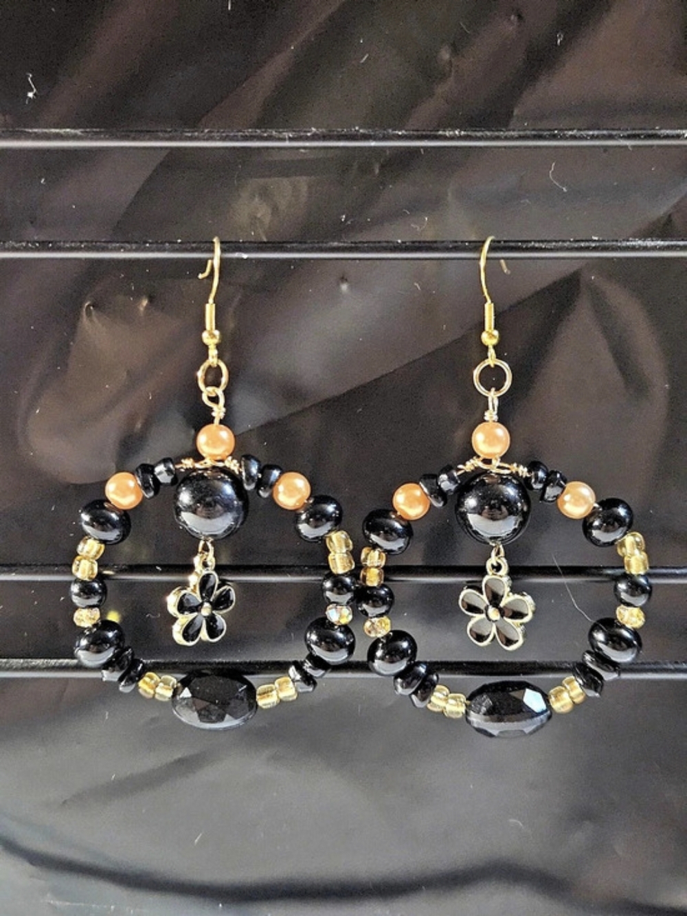 Beaded Floral Drop Earrings in Black & Gold | New | Handmade